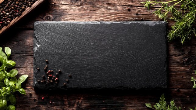 Empty Black Slate Board with Herbs on Dark Wooden Table for Food Background