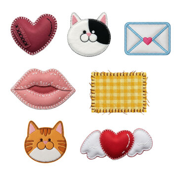 A collection of charming embroidered patches featuring a heart, lips, a cat, and a checkered fabric swatch perfect for crafts and decoration