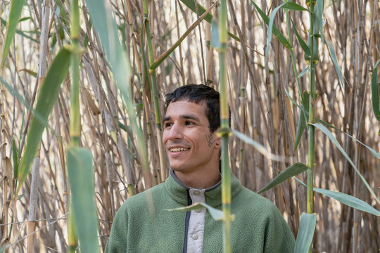 Smiling man observing nature in tall bamboo grove