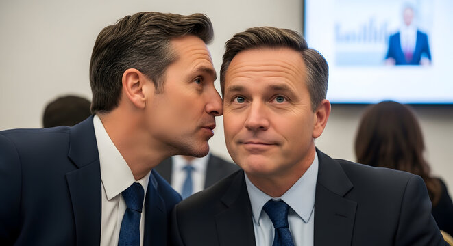 Two businessmen in suits whispering secrets in a meeting room with a projector screen in the background