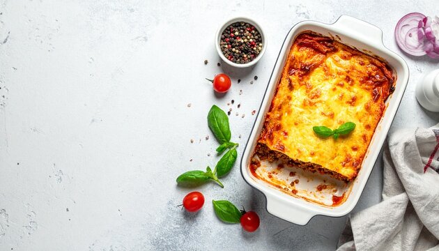 Greek moussaka in baking dish with the ingredients. Space for text