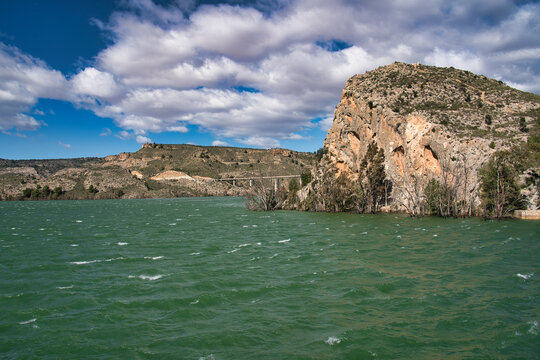 water reservoir, with a viaduct between the mountains