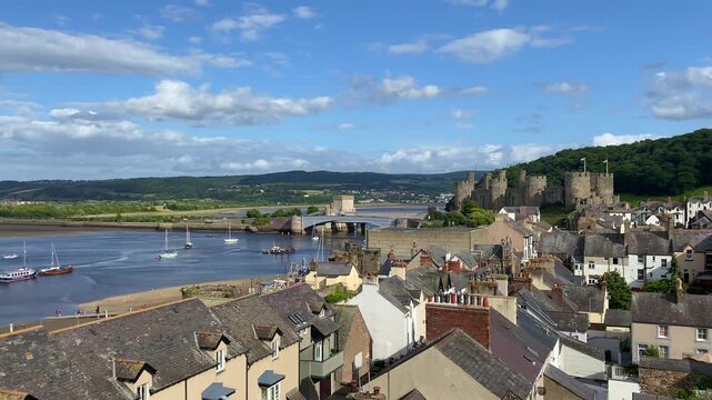 View from the city walls oo the three bridges over the River Conwy