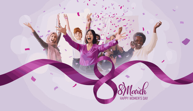 Diverse women celebrating Happy Women's Day with confetti, raised hands, and an 8 March purple ribbon design.