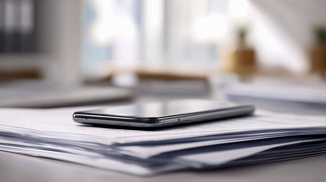 Modern smartphone resting on a stack of printed documents in a bright office environment with a blurred background for productivity concept