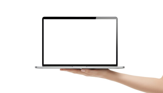 Hand holding modern silver laptop with blank white screen display