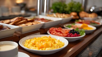Fototapeta premium A delicious breakfast buffet with scrambled eggs fresh berries and assorted pastries