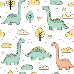 Naklejka premium Cute Cartoon Dinosaurs Happy Clouds Playful Seamless Pattern