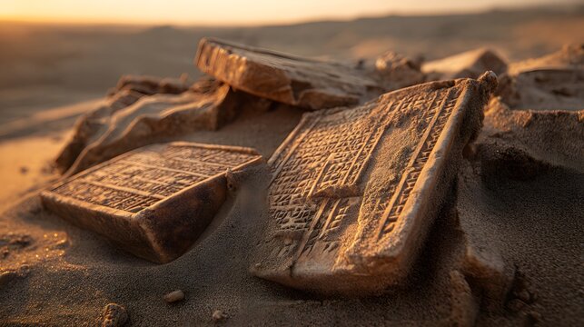 Ancient clay tablets whisper stories of a lost civilization bathed in warm desert sunlight