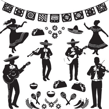 Mexican fiesta elements vector silhouette illustration line art for cinco de mayo celebration