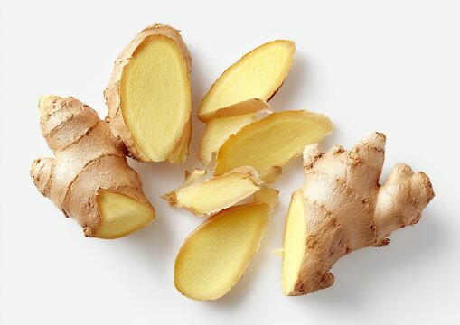 Top-down shot of sliced and whole ginger root on a clean white background