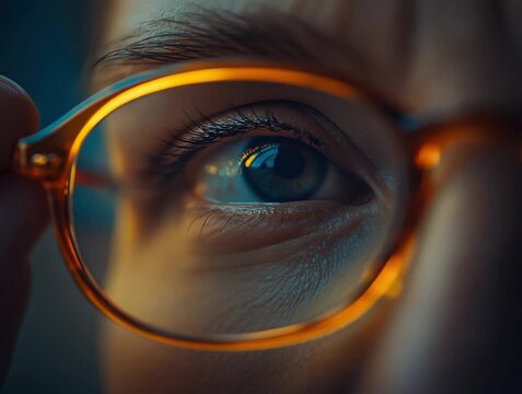 Close view of a person's eye looking through glasses in soft light at a close range during evening hours