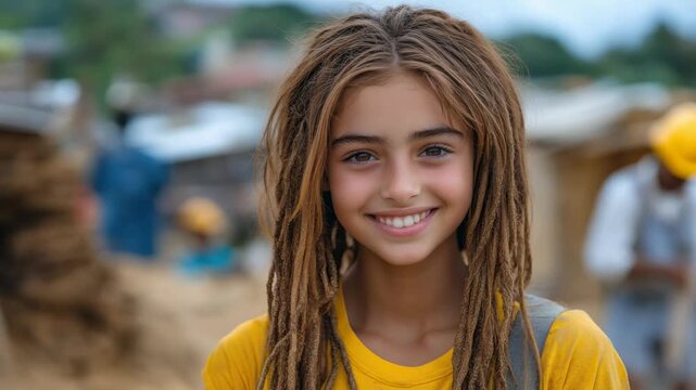 Girl with dreadlocks smiles in a busy outdoor setting while people work around her in a lively environment