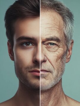 Age transformation showing the difference between youth and old age through a split-face design