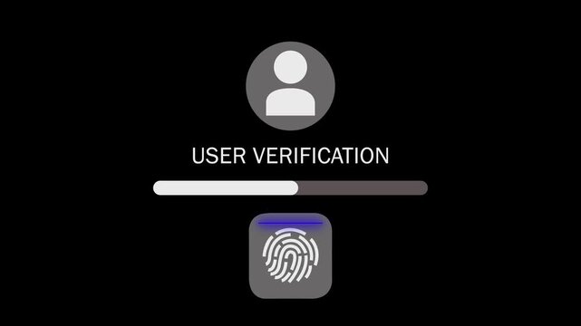 Biometric user verification process with fingerprint scanner and profile loading screen dark theme technology authentication security system digital identity check,. ultra HD 4K resolution.