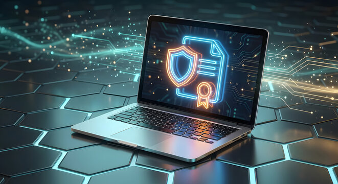 laptop on digital hexagonal surface displaying glowing neon shield and certificate icons representing cyber security data protection online privacy and legal software certification