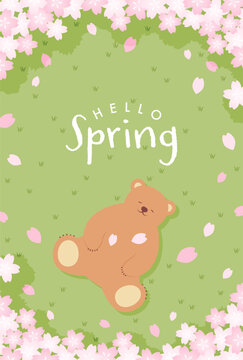 spring vector background with pink cherry blossoms and a bear sleeping on the green field