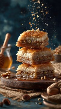 Stacked turkish baklava with dripping honey and flying nut crumbs on rustic wooden board against dark teal bokeh background, indulgent middle eastern dessert celebration concept