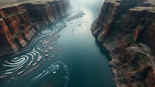 flocculation. Aerial view of small streams converging into a wide river in a canyon. travel magazines, destination branding, designed for outdoor magazines and nature guides.