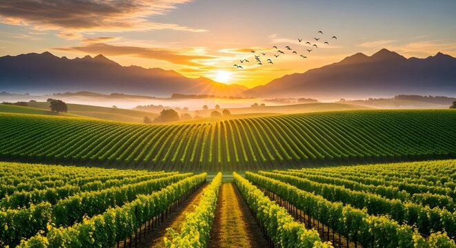 Vibrant green vineyard rows stretch across rolling hills at sunrise, framed by majestic mountains and birds soaring in a golden sky