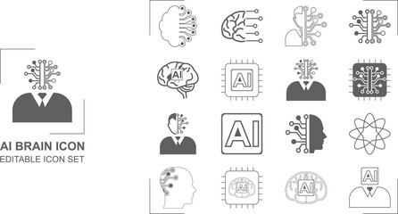 Fototapeta premium AI Brain Icons Set: Human Head Silhouette, Chip Processor, Circuit Board, and Abstract Brain Concepts for Artificial Intelligence, Machine Learning, and Technology