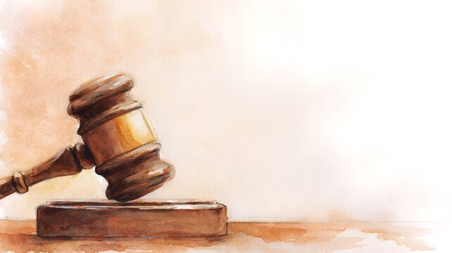 Watercolor gavel illustration symbolizing justice authority and legal decisions rendered in warm golden hues