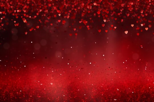 Red shimmering glitter and falling heart shapes creating an abstract bokeh background