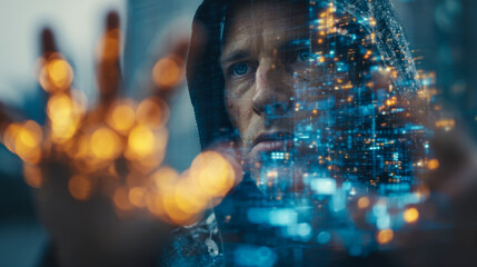 Fototapeta premium Man in a hood interacting with futuristic digital interface displaying illuminated cityscape lights and technology elements in a night urban environment