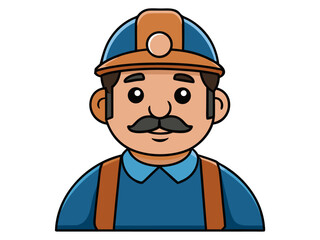 Obraz premium Friendly cartoon miner character with mustache and blue uniform wearing a safety helmet and overalls on a white background