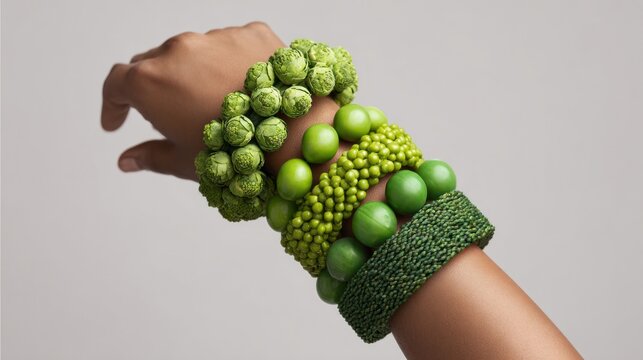 A young adult woman with tan skin wears multiple green vegetable-themed bracelets. The unique jewelry resembles peas and sprouts on her arm.
