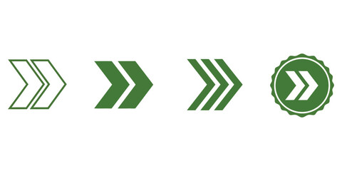 Fototapeta premium A collection of modern green vector arrow graphics illustrating progression, next steps, and fast forward navigation.