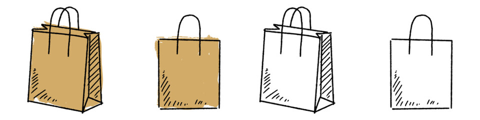 Set editable sketch drawing shopping bag vector for local market blogs. Ideal for symbolizing sketchy retail plans, physical shopping, and small business concepts. © Taliax