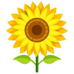 Vibrant sunflower illustration with bright yellow petals and green leaves on white background