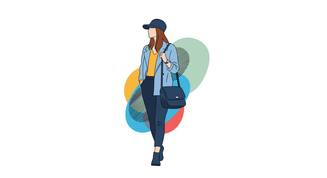 Fashionable woman wearing a navy cap light blue jacket and dark pants carrying a shoulder bag against abstract shapes.