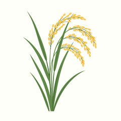 Fototapeta premium Illustration of lush rice plant with green leaves and golden grains on white background