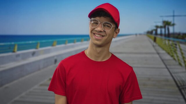 Young hispanic man wearing red cap and glasses smiles and tilts head on seaside promenade under clear blue sky; joy relaxation leisure.