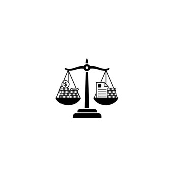 Scales of justice vector image balancing money coins against a document representing legal settlements financial compensation and fair judicial trade practices.