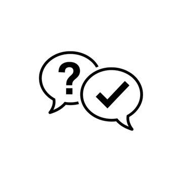 Professional vector image depicting two speech bubbles containing a question mark and a check mark representing a query followed by a successful answer.