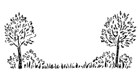 Simple hand-drawn vector drawing with a black outline. Forest glade, lawn. Deciduous trees, bushes and grass, plants. Nature and vegetation. Summer landscape. Sketch in ink. Place for text, copy space © MaxNadya