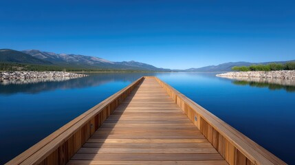 Fototapeta premium Serene Wooden Dock with Clear Blue Waters and Majestic Mountain View Under Bright Sunny Sky for Peaceful Nature Escape