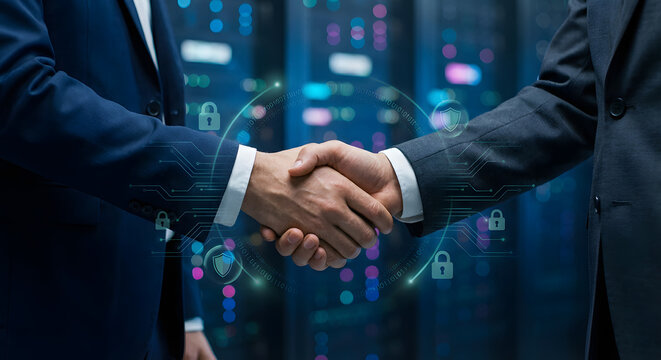 Business partners shaking hands in dark server room with digital security holograms and cyber protection padlock icons for high tech partnership and corporate data safety concept