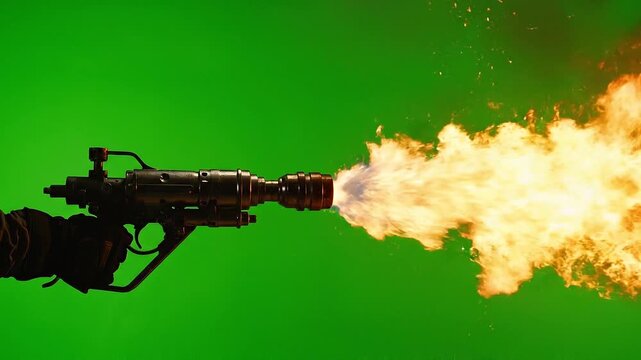 A gun firing with a large muzzle flash against a green background from a side viewpoint, showing the action and firearm details in a video clip referenced as 0225(96).mp4