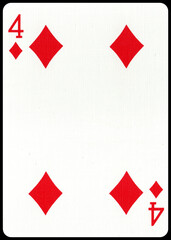 Obraz premium Four of Diamonds Playing Card Isolated on White Background – Classic Red Suit Casino Game Symbol