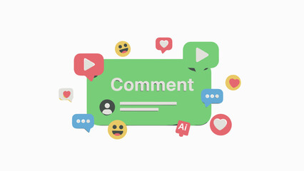 Naklejka premium Social Media Comment Icon with Play Button and Emojis.