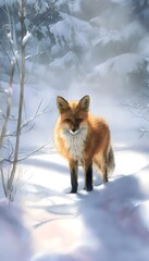 Fototapeta premium Red fox portrait winter scene watercolor illustration peaceful wildlife serene snowy landscape art