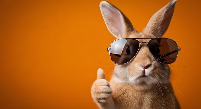 Cool easter bunny in sunglasses gives a thumbs up on easter sunday morning