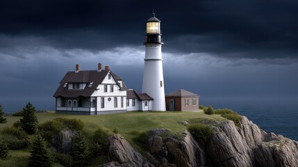 Majestic lighthouse overlooking stormy sea with dark clouds and rocky coastline, featuring a classic structure and scenic landscape beauty