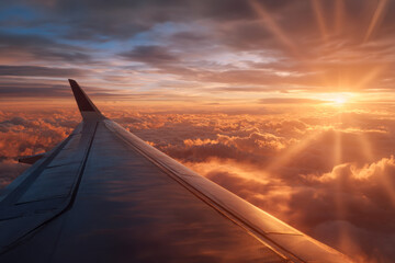 Obraz premium Stunning view of an airplane wing flying above vibrant orange clouds during a breathtaking sunset with golden rays illuminating the sky and horizon