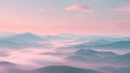 Obraz premium hyperrealistic valley covered in soft morning fog at sunrise, layered mountain silhouettes, pastel sky tones, peaceful and dreamy atmosphere