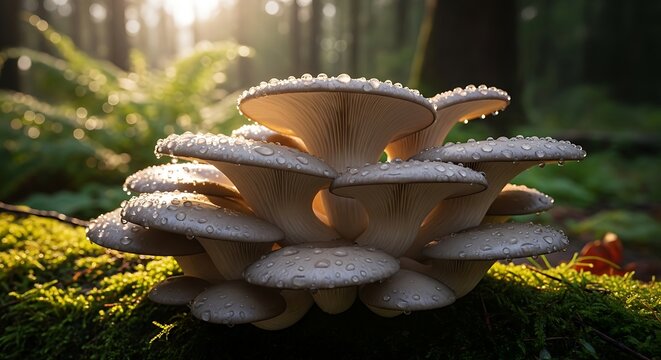 Golden sunlight illuminating a cluster of delicate shelf mushrooms in a forest glade